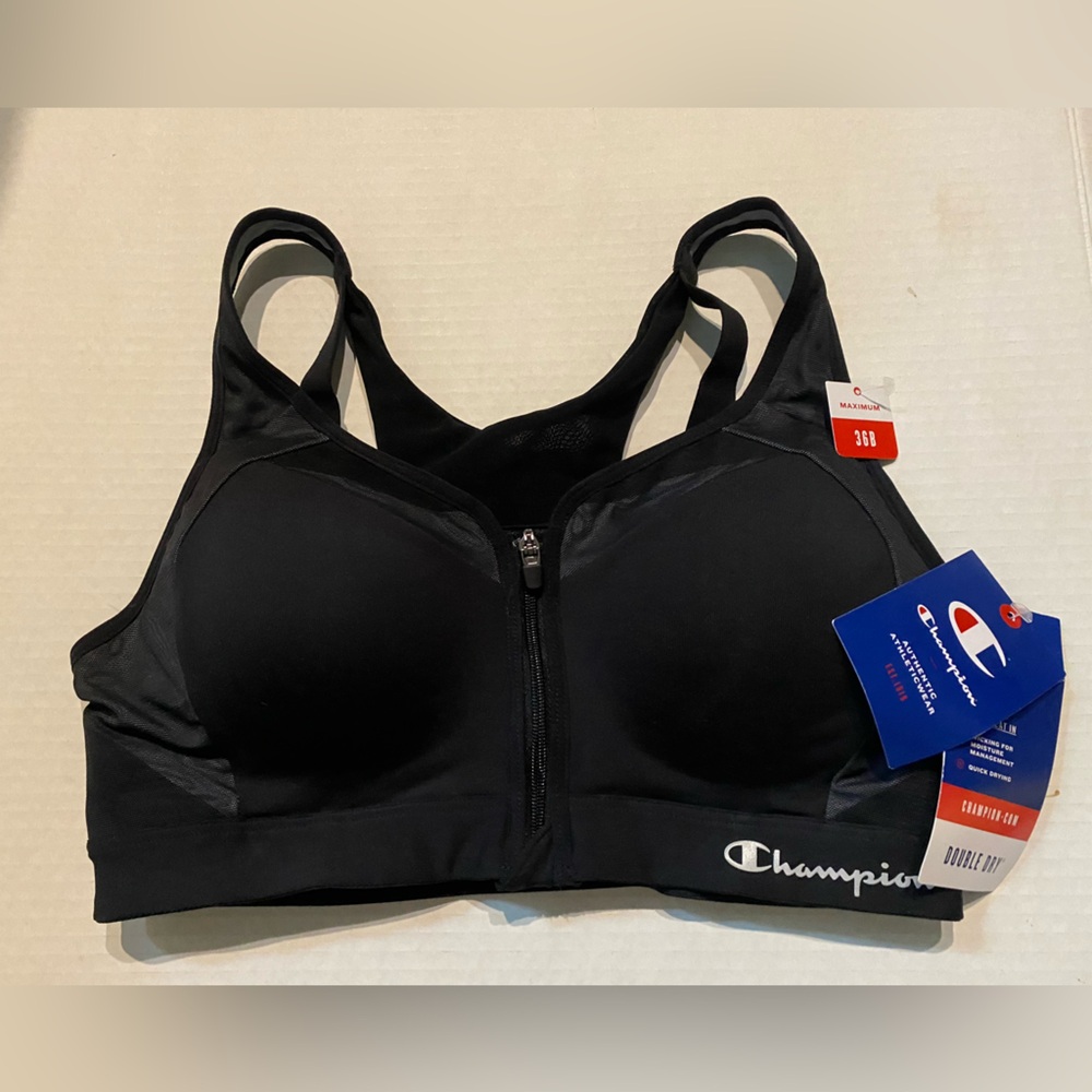Champion 36B Black Sports Bra front zipper adjustable straps double dry